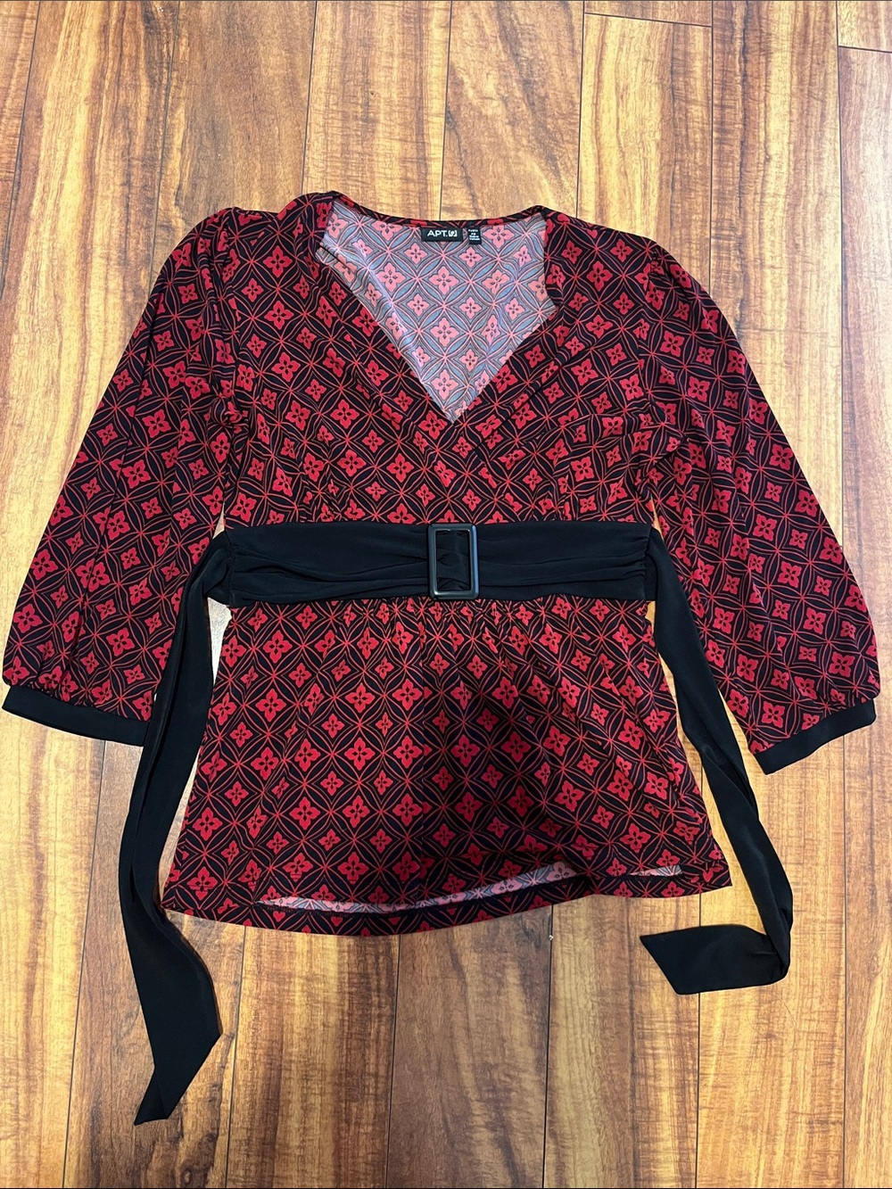 Apt. 9 Black and Red Geometric Wrap Blouse with Belt